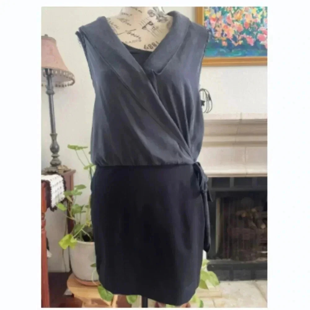 Theory Women's Blouson Dress‎ 6 Black Faux Wrap Silk Pima Cotton Careerwear